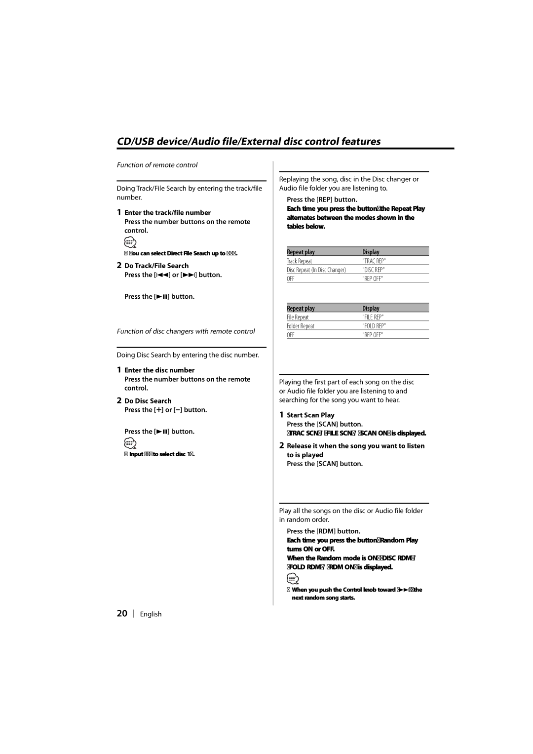 Kenwood DPX-MP2090U Direct Track/File Search, Direct Disc Search, Track/File/Disc/Folder Repeat, Scan Play, Random Play 