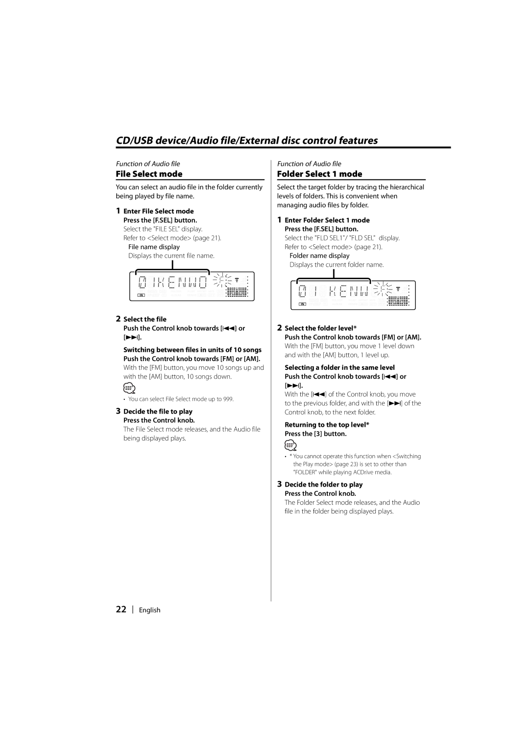 Kenwood DPX-MP2090U File Select mode, Folder Select 1 mode, Select the file Push the Control knob towards 4 or ¢ 