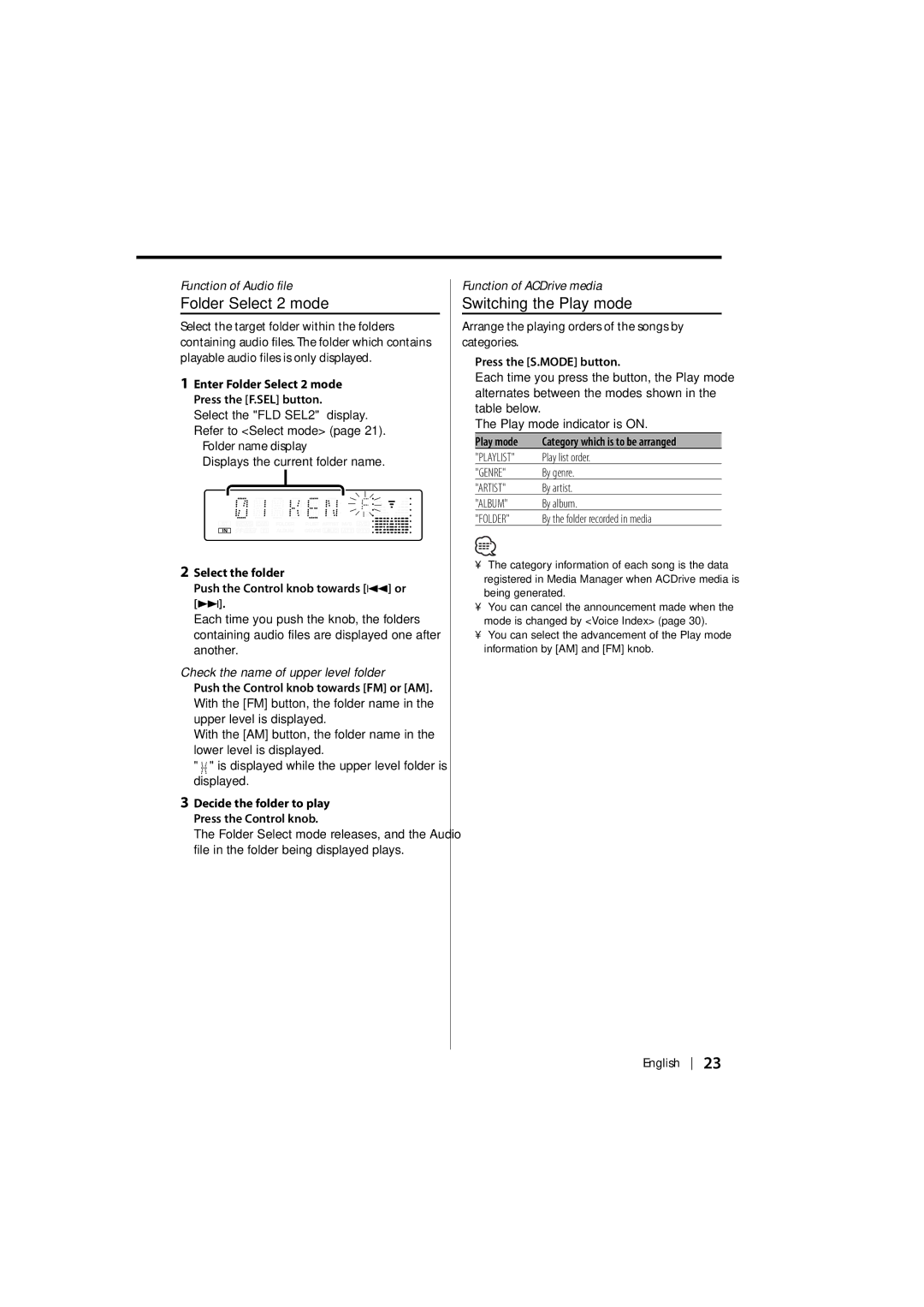 Kenwood DPX-MP2090U instruction manual Folder Select 2 mode, Switching the Play mode, Check the name of upper level folder 