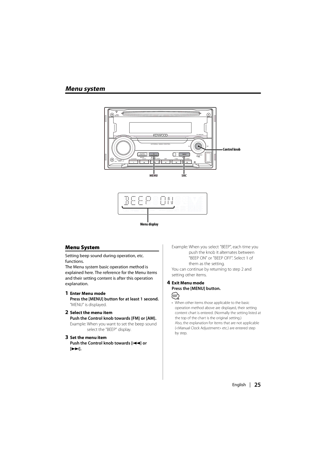 Kenwood DPX-MP2090U Menu system, Select the Beep display, Set the menu item Push the Control knob towards 4 or ¢ 