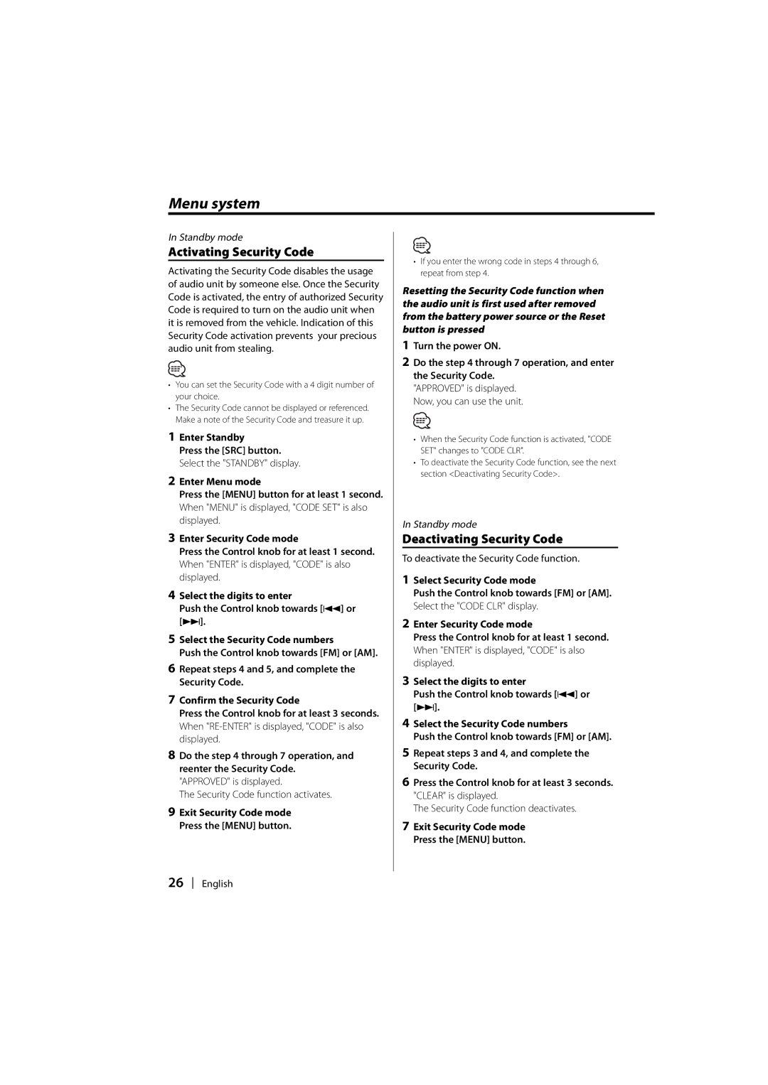 Kenwood DPX-MP2090U Activating Security Code, Deactivating Security Code, To deactivate the Security Code function 