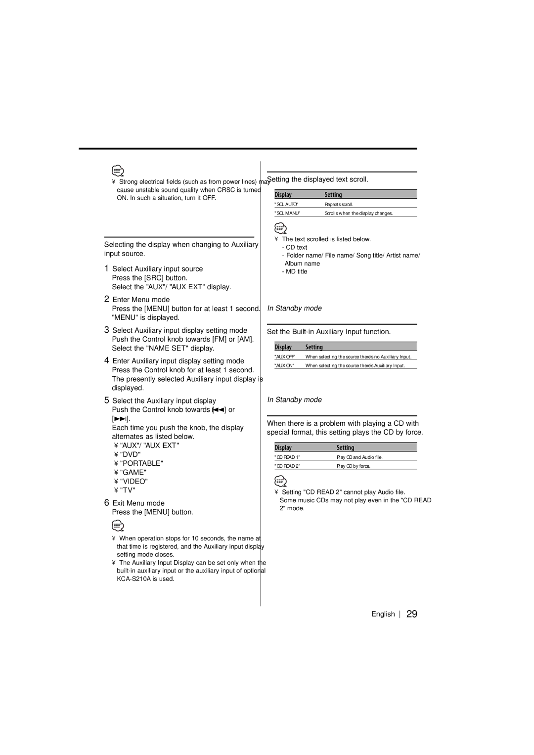 Kenwood DPX-MP2090U Auxiliary Input Display Setting, Text Scroll, Built-in Auxiliary input Setting, CD Read Setting 