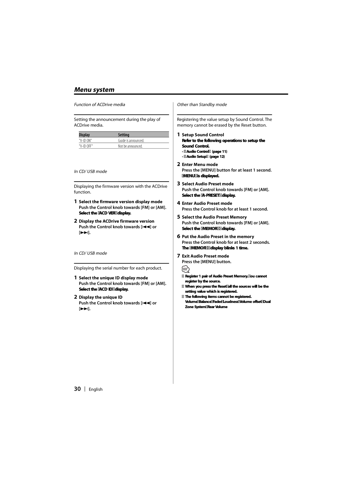 Kenwood DPX-MP2090U Voice Index, ACDrive firmware version display, Unique ID display, Audio Preset Memory 