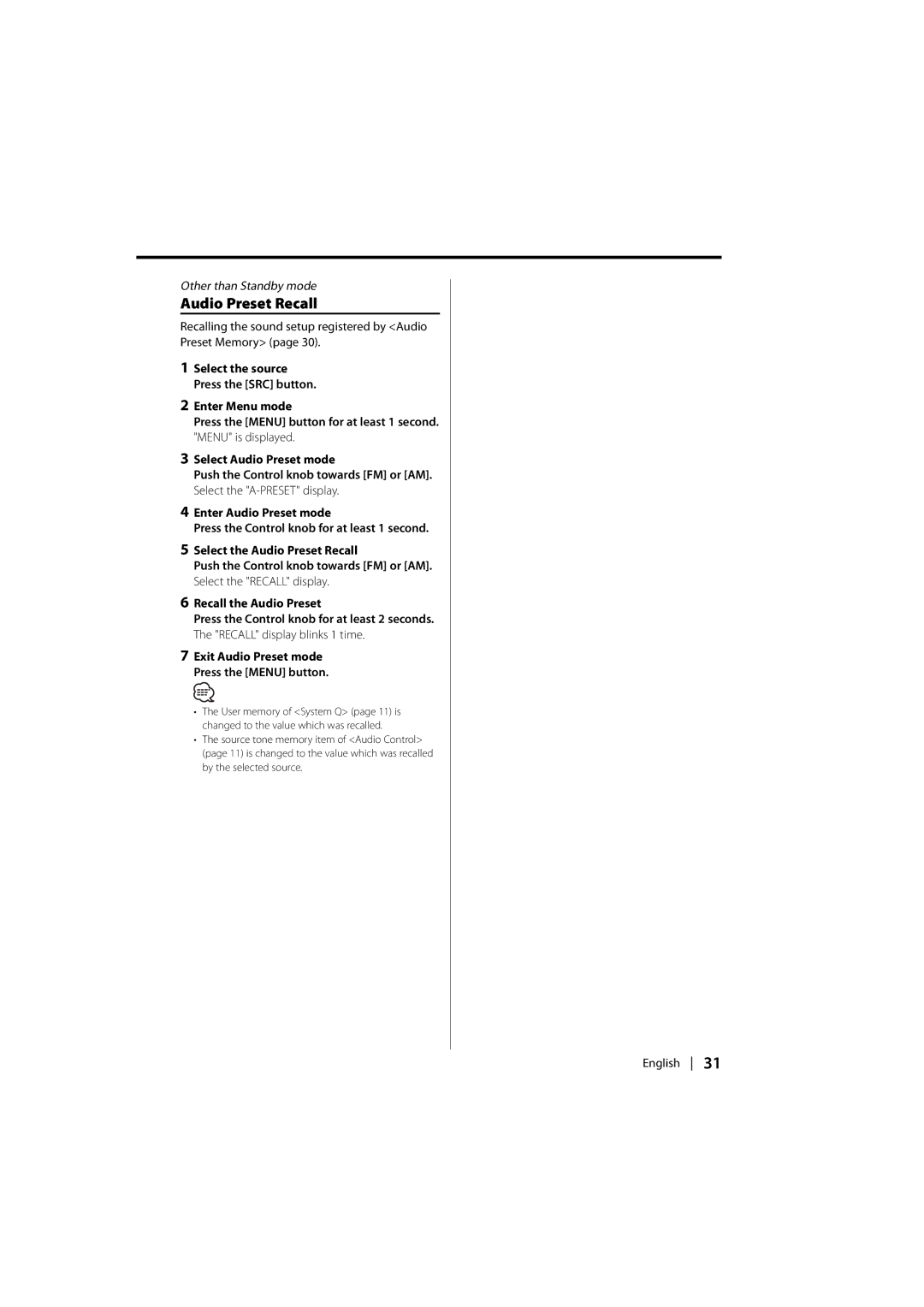 Kenwood DPX-MP2090U instruction manual Audio Preset Recall, Recalling the sound setup registered by Audio Preset Memory 