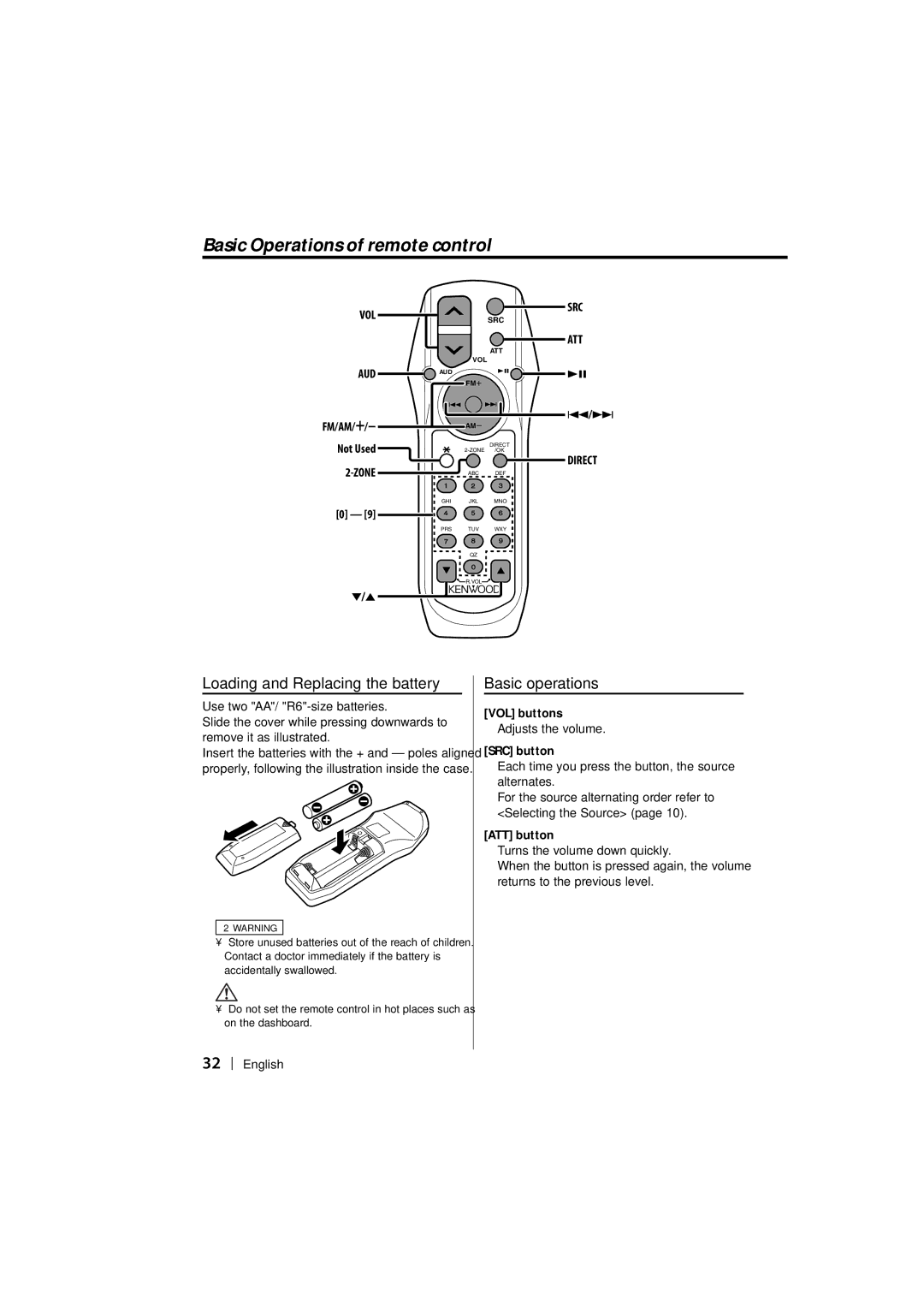 Kenwood DPX-MP2090U Basic Operations of remote control, Loading and Replacing the battery, Basic operations 