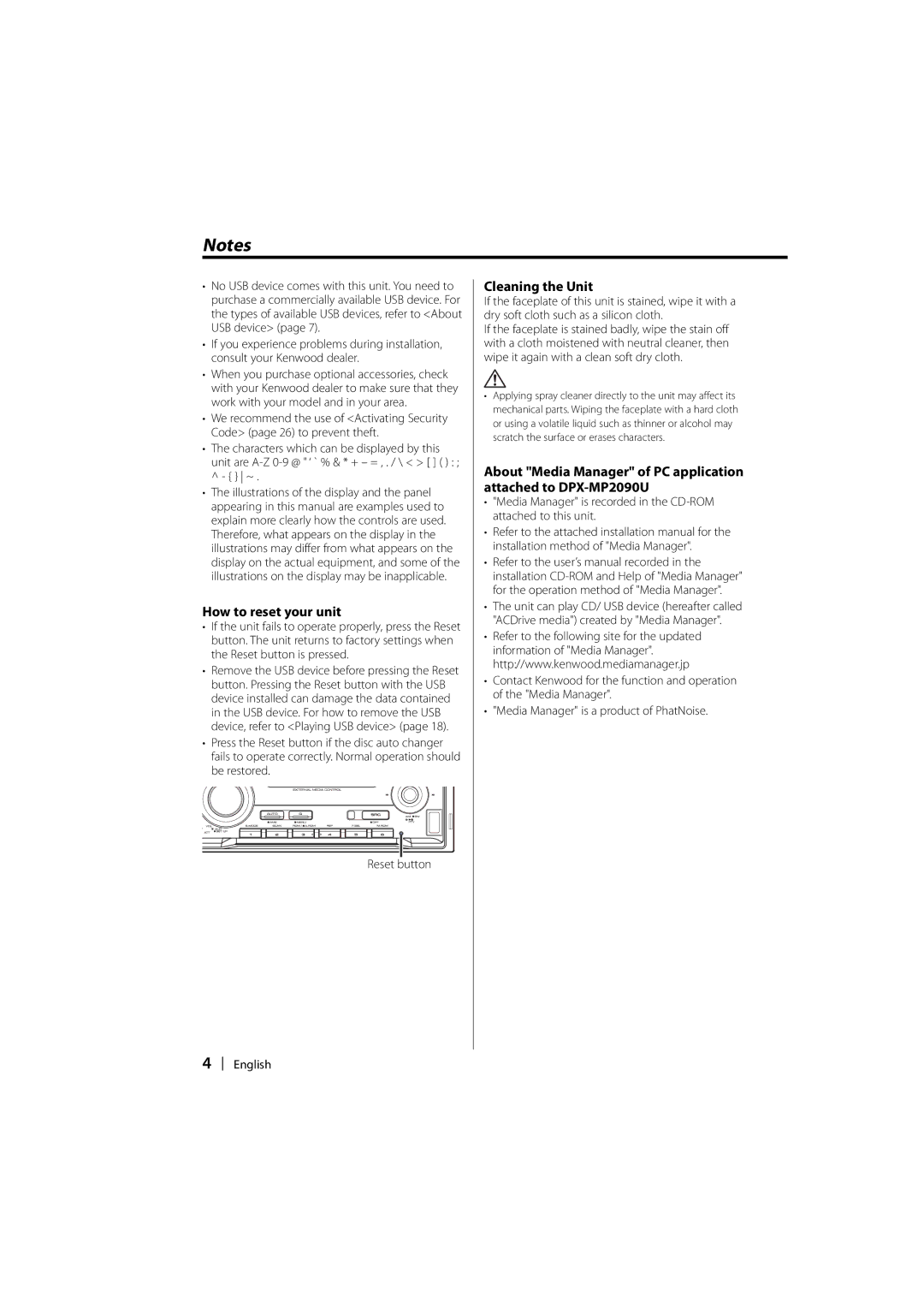 Kenwood DPX-MP2090U instruction manual How to reset your unit, Cleaning the Unit 