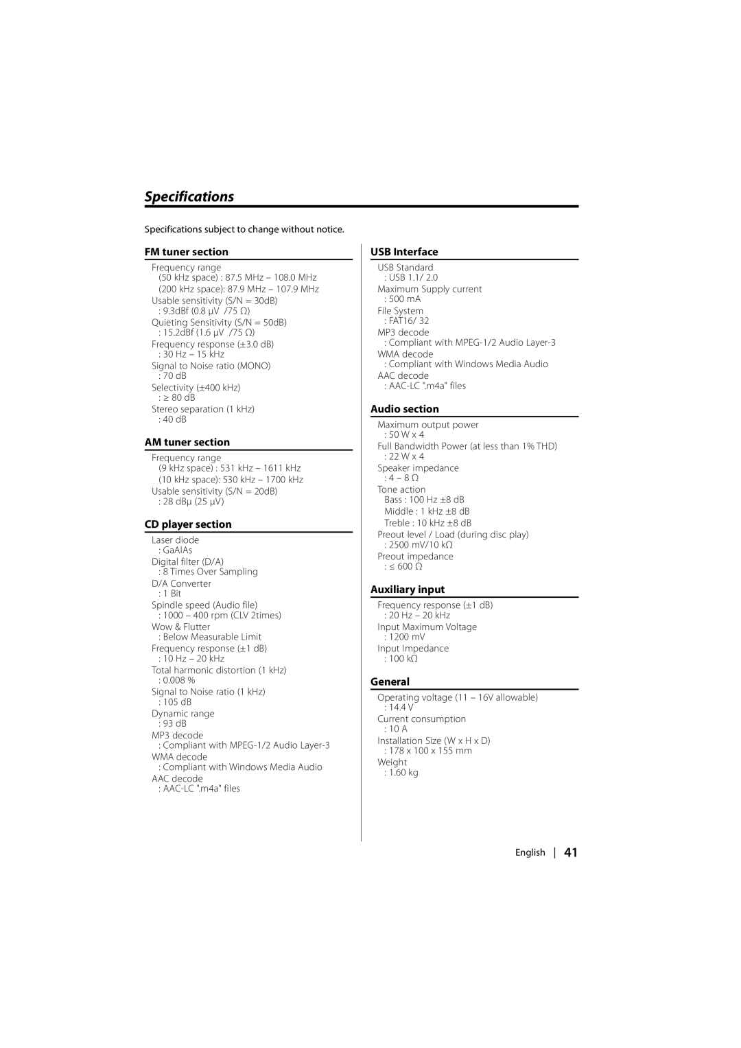 Kenwood DPX-MP2090U instruction manual Specifications 