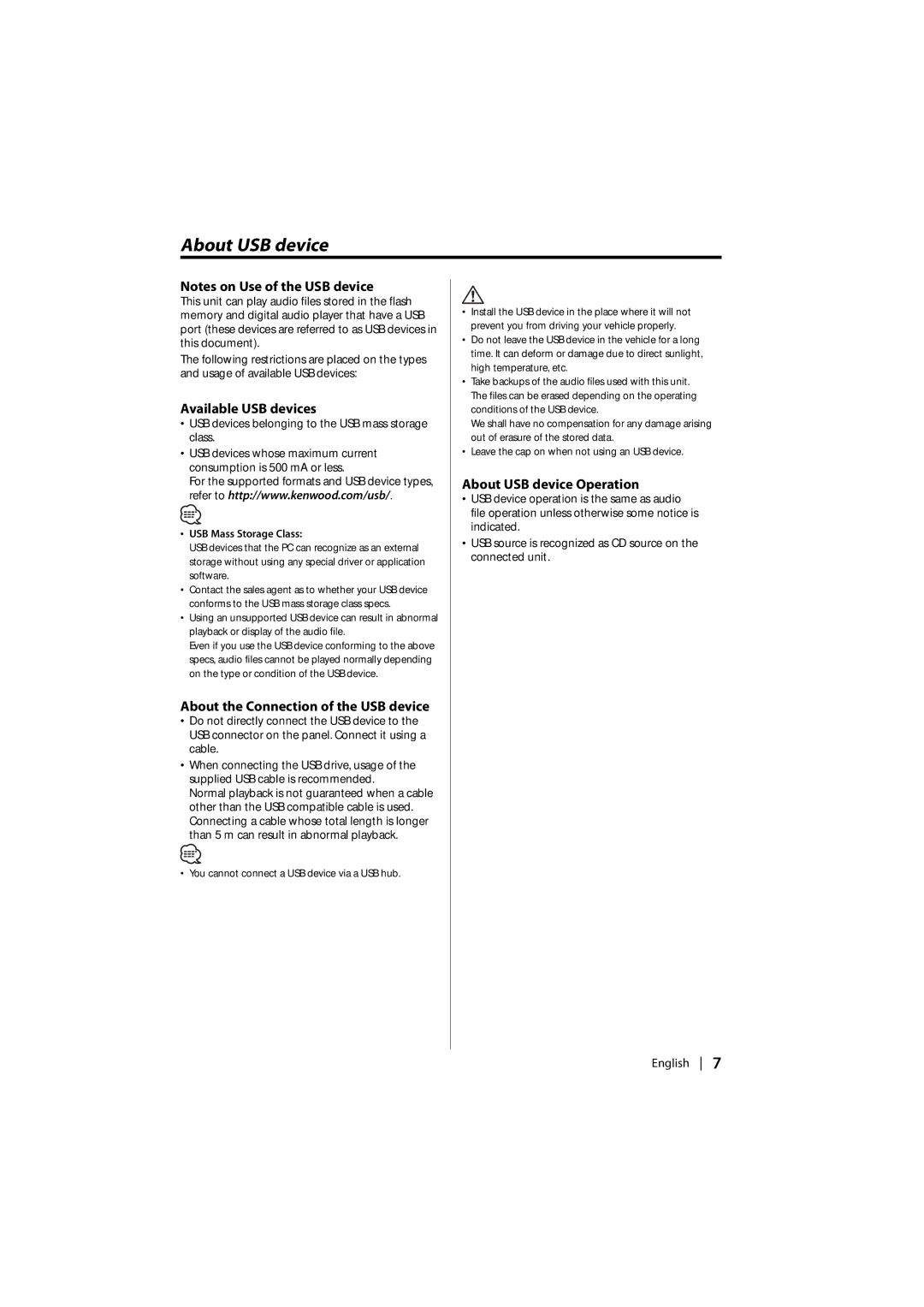 Kenwood DPX-MP2090U instruction manual About USB device, Available USB devices, About the Connection of the USB device 