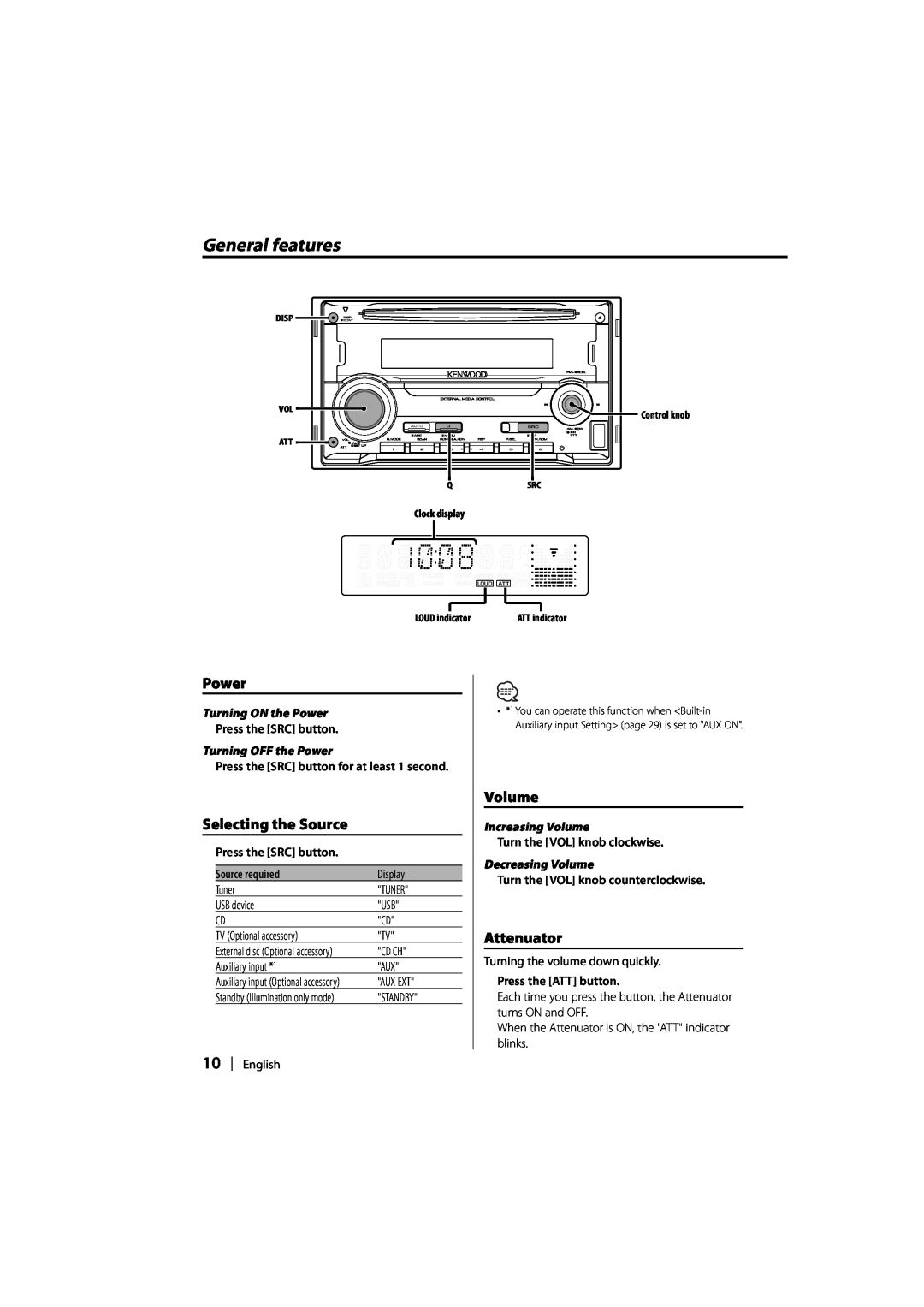 Kenwood DPX-MP2090U instruction manual General features, Selecting the Source, Volume, Attenuator, Turning ON the Power 