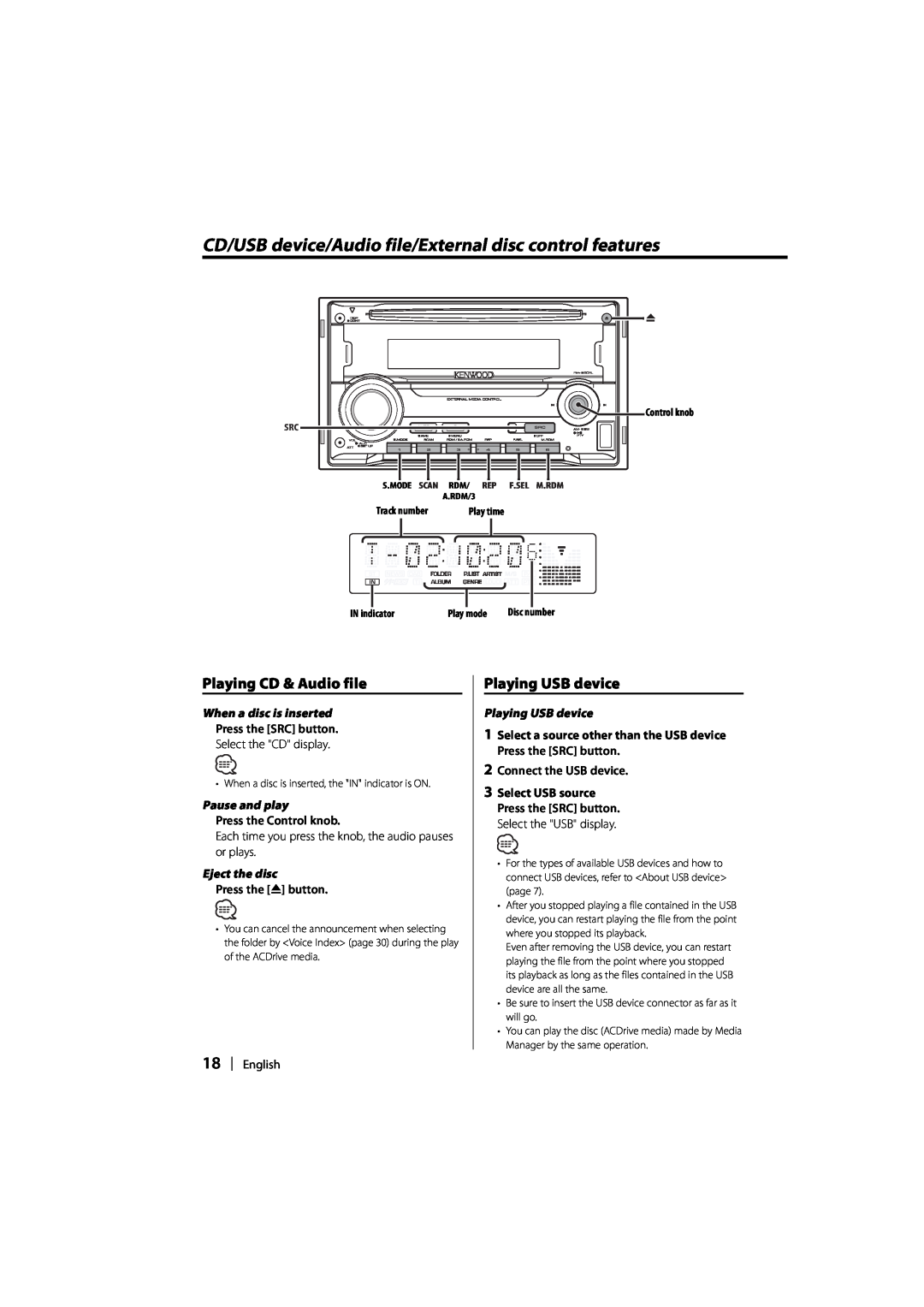 Kenwood DPX-MP2090U Playing CD & Audio file, Playing USB device, When a disc is inserted, Pause and play, Eject the disc 