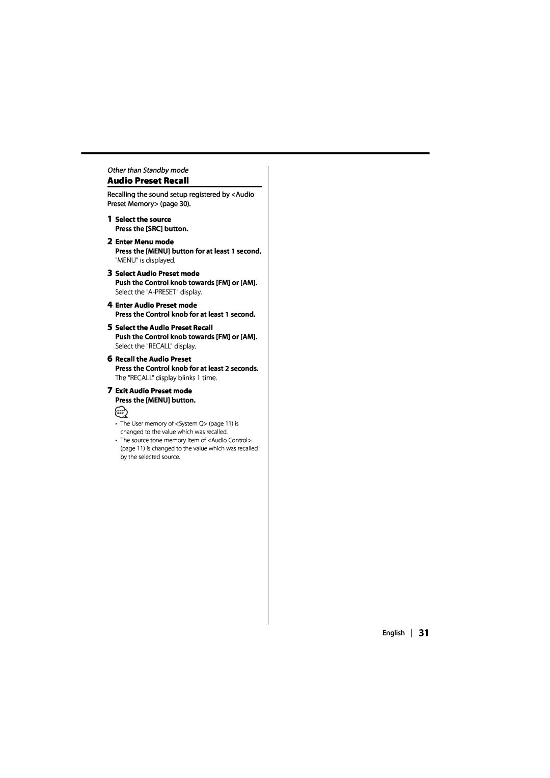 Kenwood DPX-MP2090U instruction manual Audio Preset Recall, Other than Standby mode 