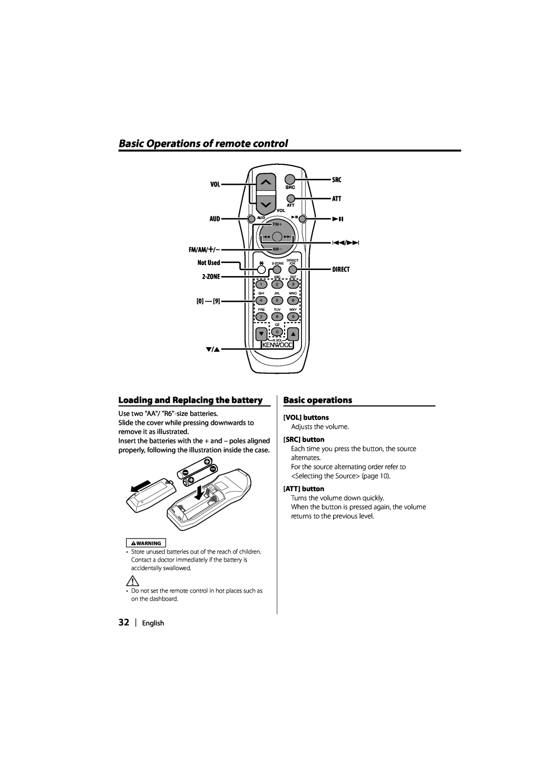 Kenwood DPX-MP2090U Basic Operations of remote control, Loading and Replacing the battery, Basic operations 