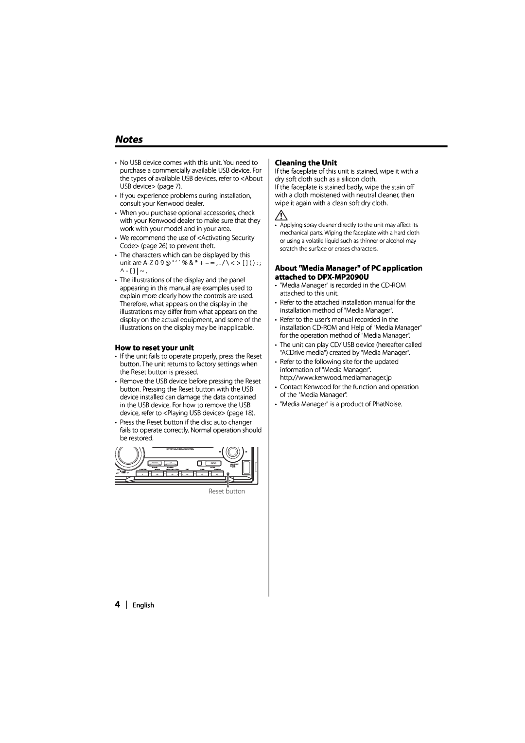 Kenwood DPX-MP2090U instruction manual How to reset your unit, Cleaning the Unit 
