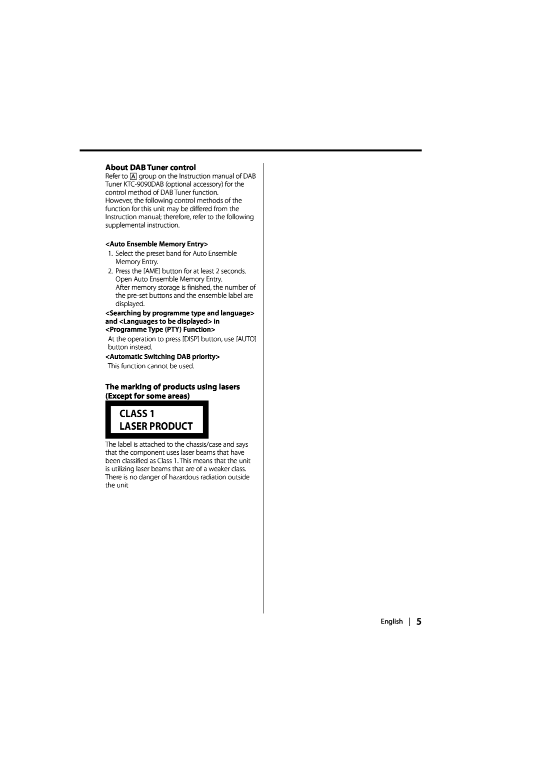 Kenwood DPX-MP2090U instruction manual About DAB Tuner control, Class Laser Product 