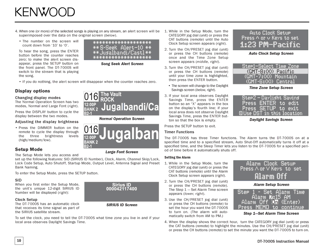 Kenwood DT-7000S manual Display options, Setup Mode, Alarm Setup Screen Set Alarm Time Screen 