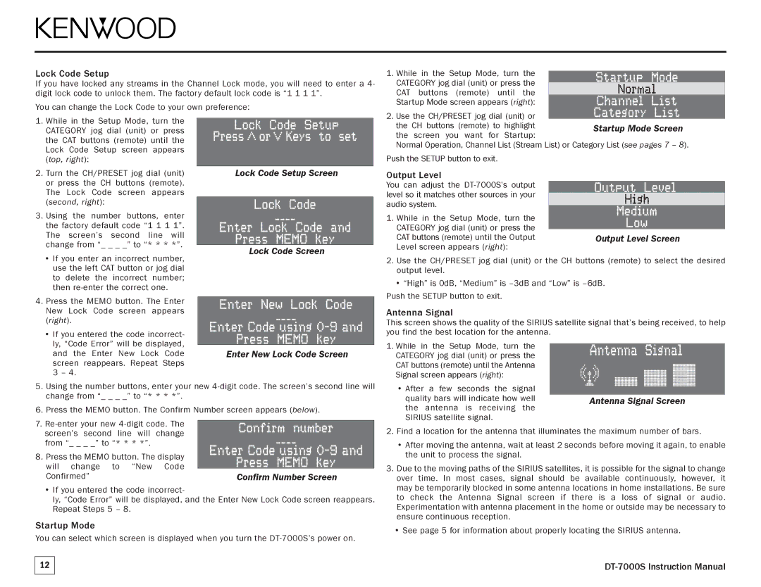 Kenwood DT-7000S manual Output Level Screen, Confirm Number Screen, Antenna Signal Screen 