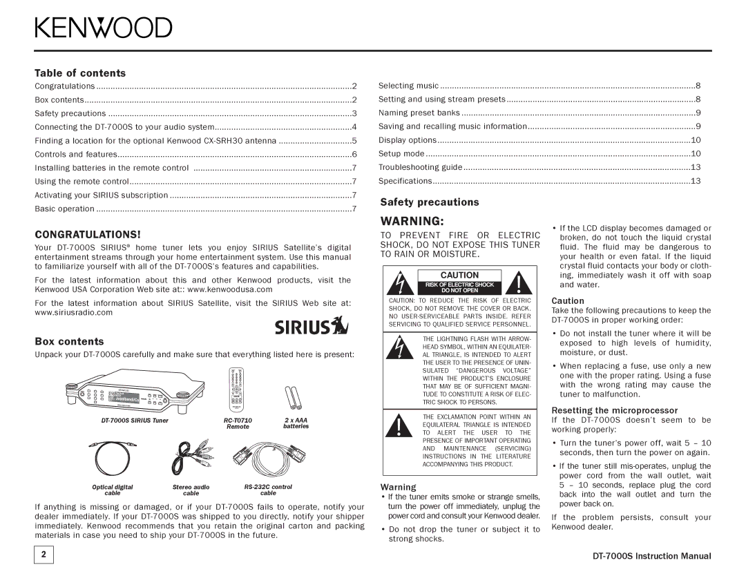 Kenwood DT-7000S manual Table of contents, Safety precautions, Box contents 