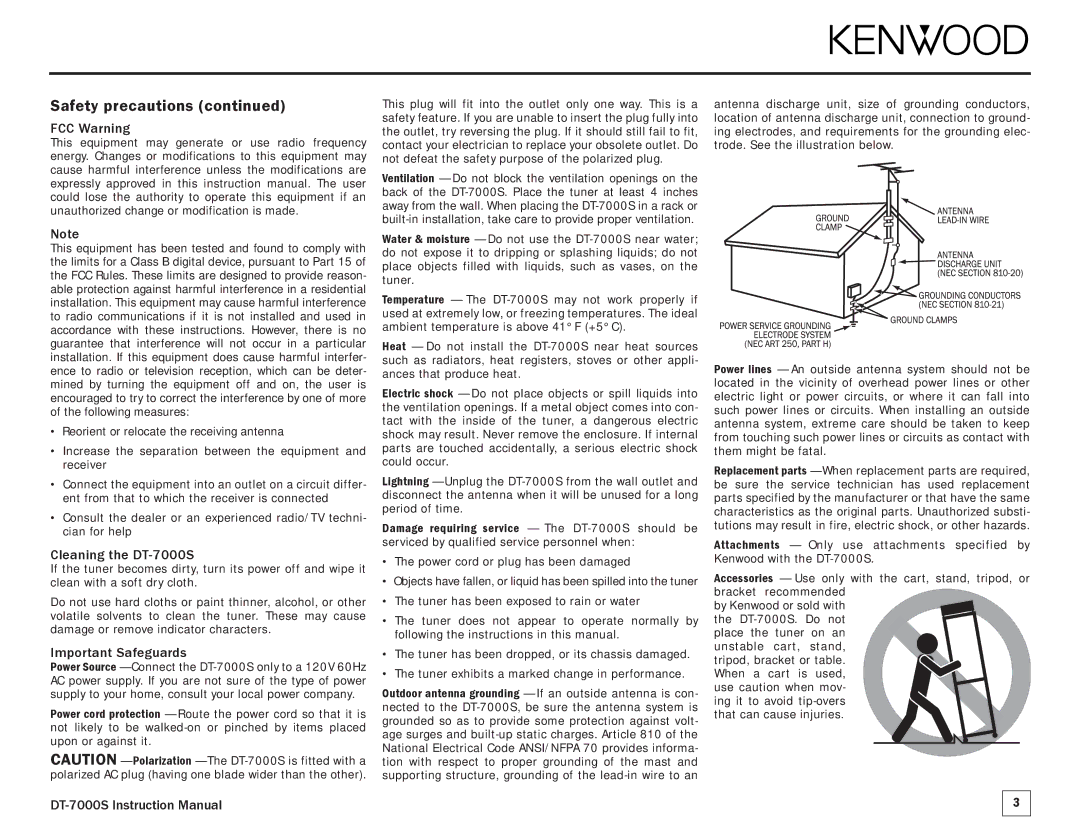 Kenwood manual FCC Warning, Cleaning the DT-7000S, Important Safeguards 