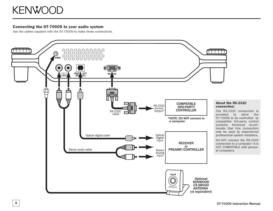 Kenwood manual Connecting the DT-7000S to your audio system, About the RS-232C connection 