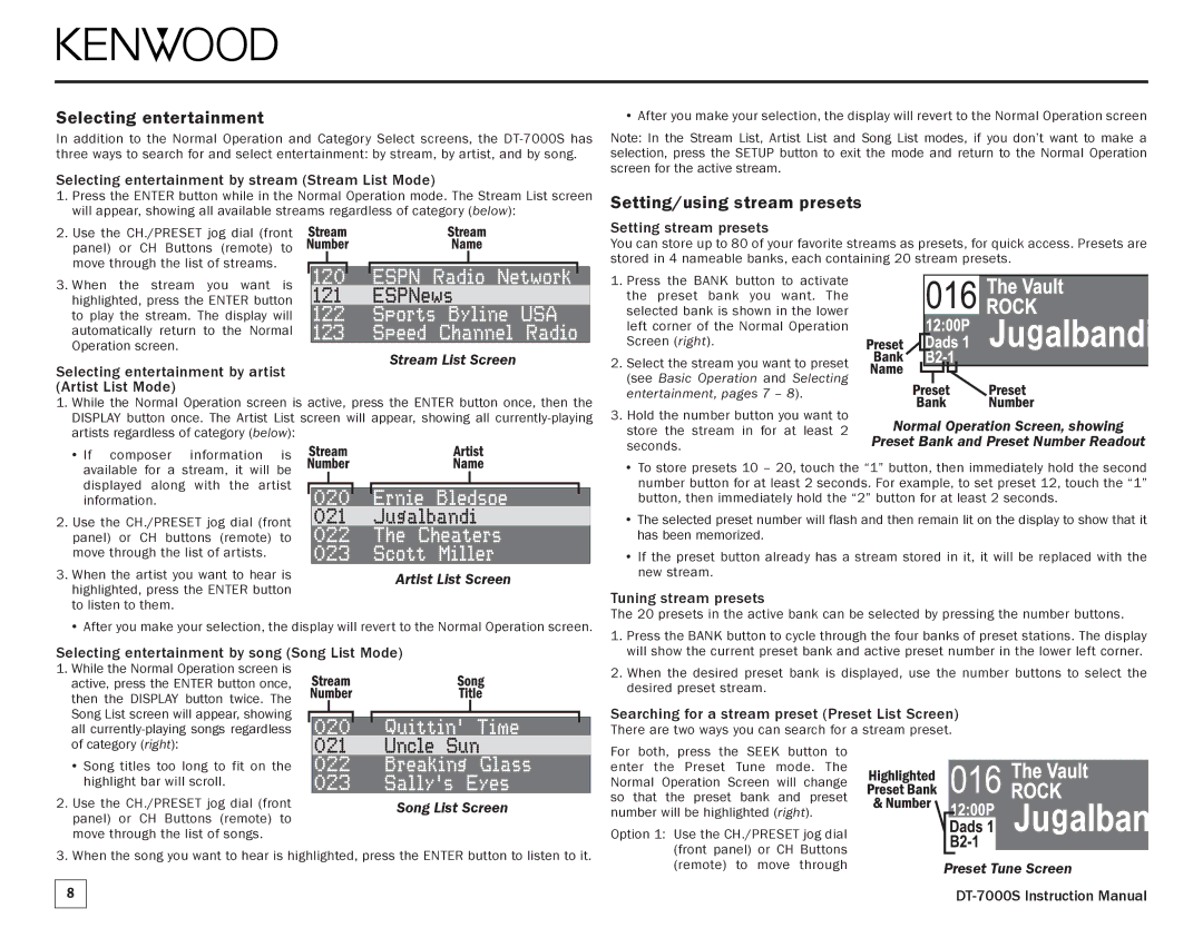 Kenwood DT-7000S manual Selecting entertainment, Setting/using stream presets 