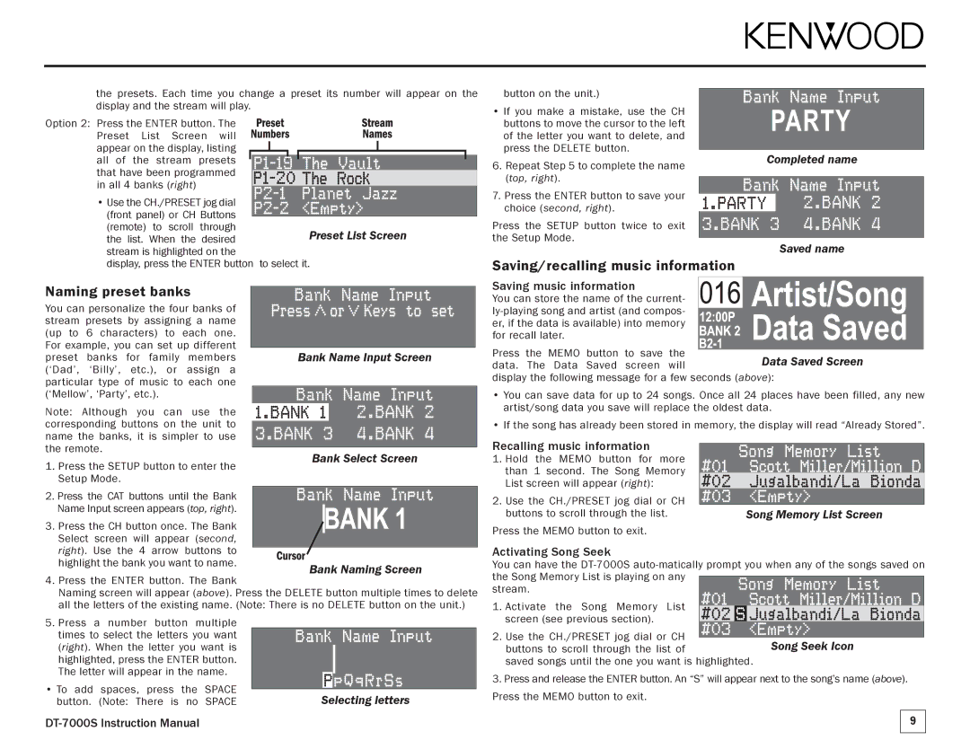 Kenwood DT-7000S manual Saving/recalling music information Naming preset banks, Song Memory List Screen, Selecting letters 