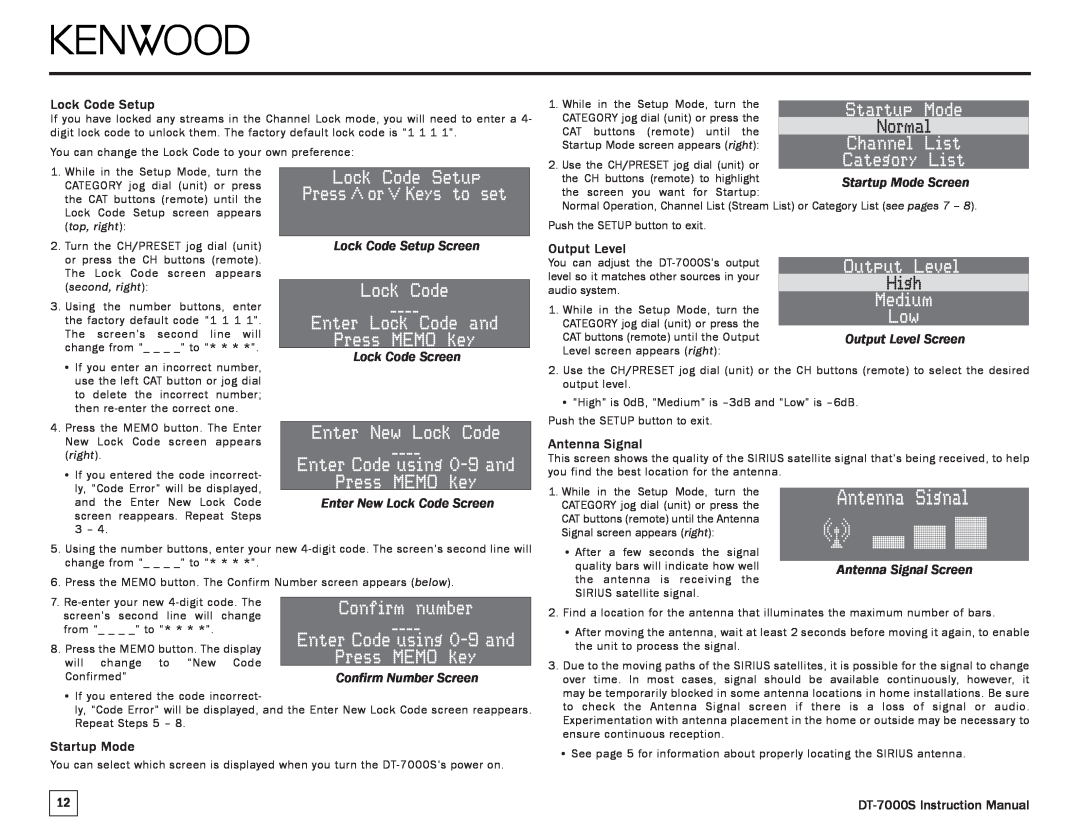 Kenwood DT-7000S manual Lock Code Setup Screen Lock Code Screen, Enter New Lock Code Screen, Output Level Screen 