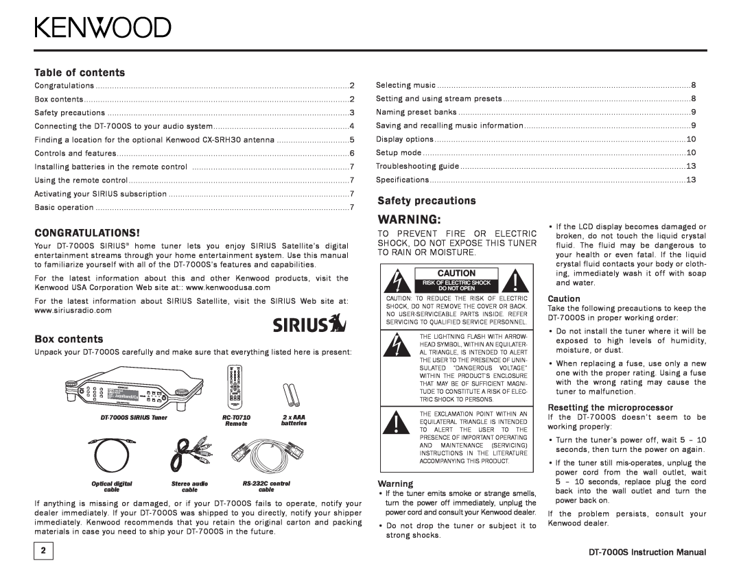 Kenwood DT-7000S manual Table of contents, Safety precautions, Congratulations, Box contents, Resetting the microprocessor 