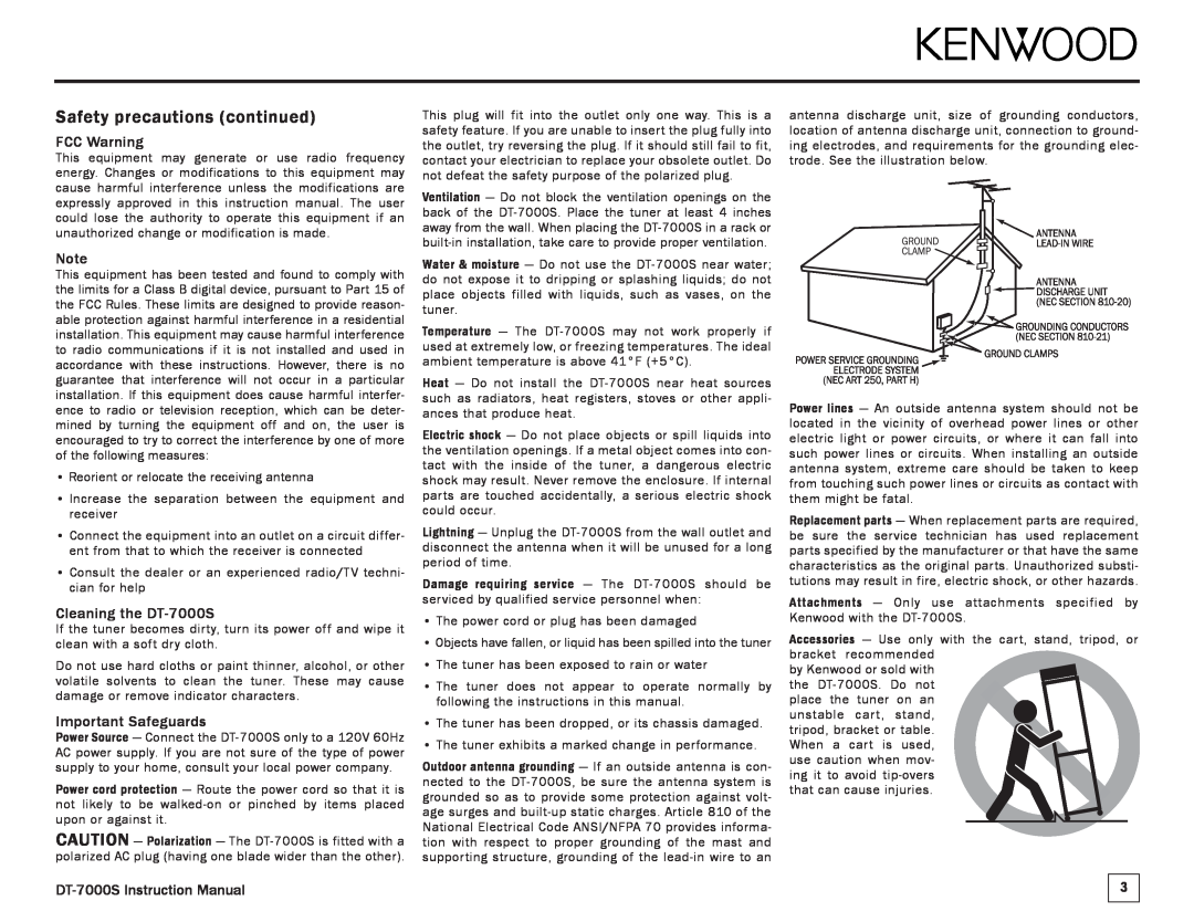 Kenwood manual Safety precautions continued, FCC Warning, Cleaning the DT-7000S, Important Safeguards 