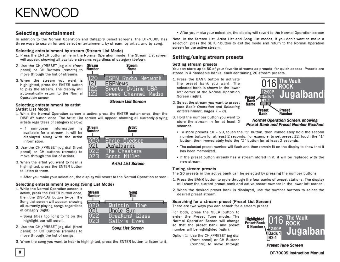 Kenwood DT-7000S manual Selecting entertainment, Setting/using stream presets, Stream List Screen, Artist List Screen 