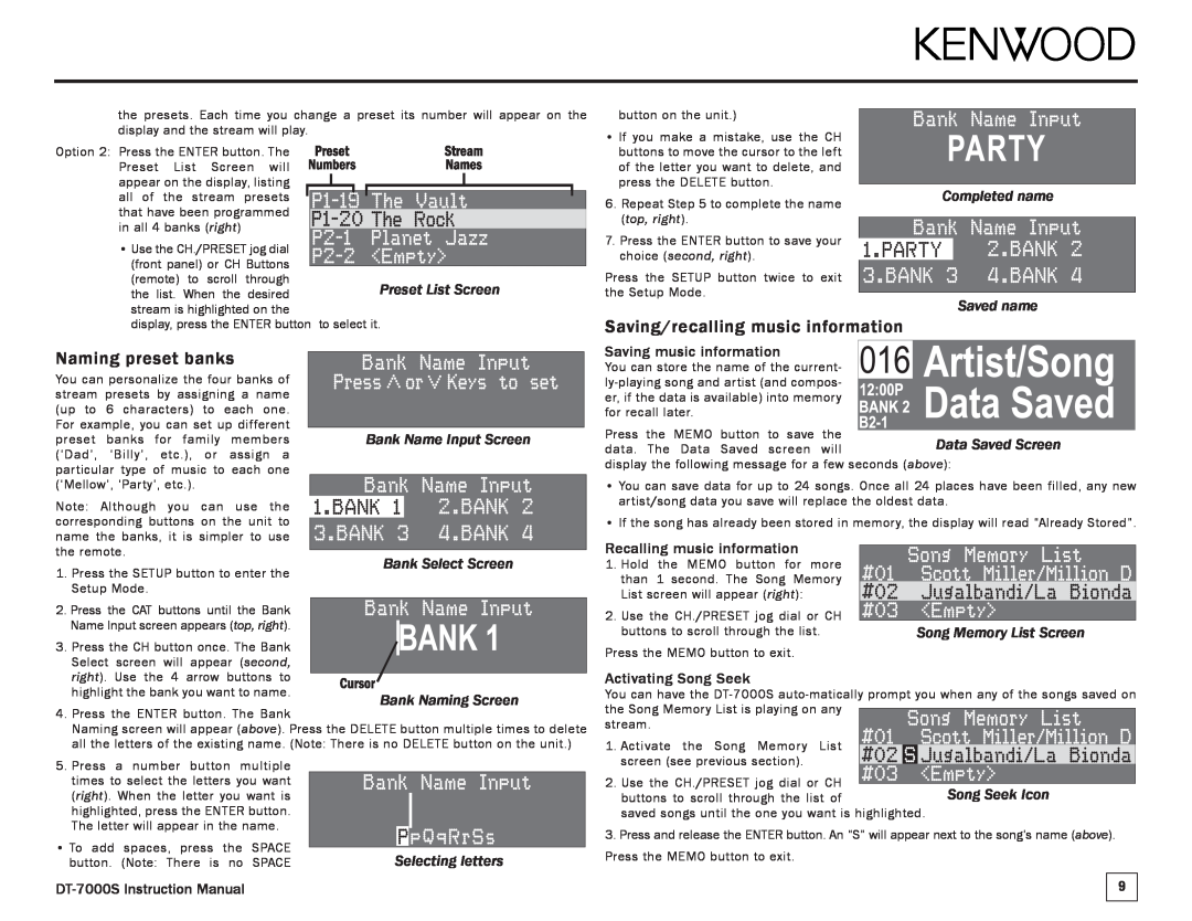 Kenwood DT-7000S manual Saving/recalling music information, Naming preset banks, Bank Name Input Screen Bank Select Screen 