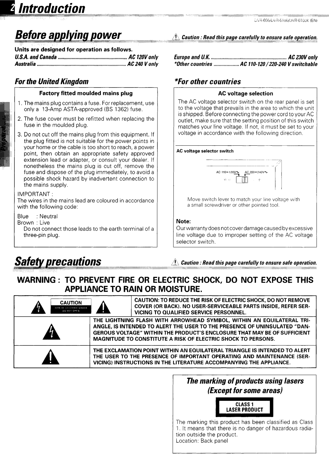 Kenwood DVR-6100K instruction manual For the United Kingdom, For other countries, Except for some areas 