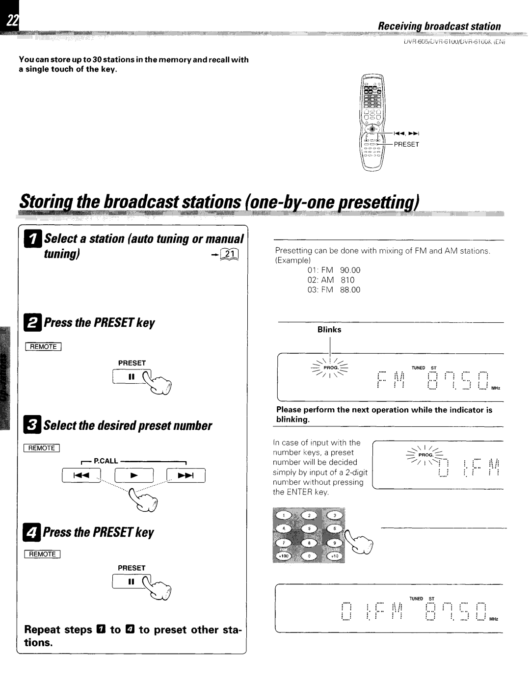 Kenwood DVR-6100K instruction manual ASelect the desired preset number, Q1 Press the PRESETkey 