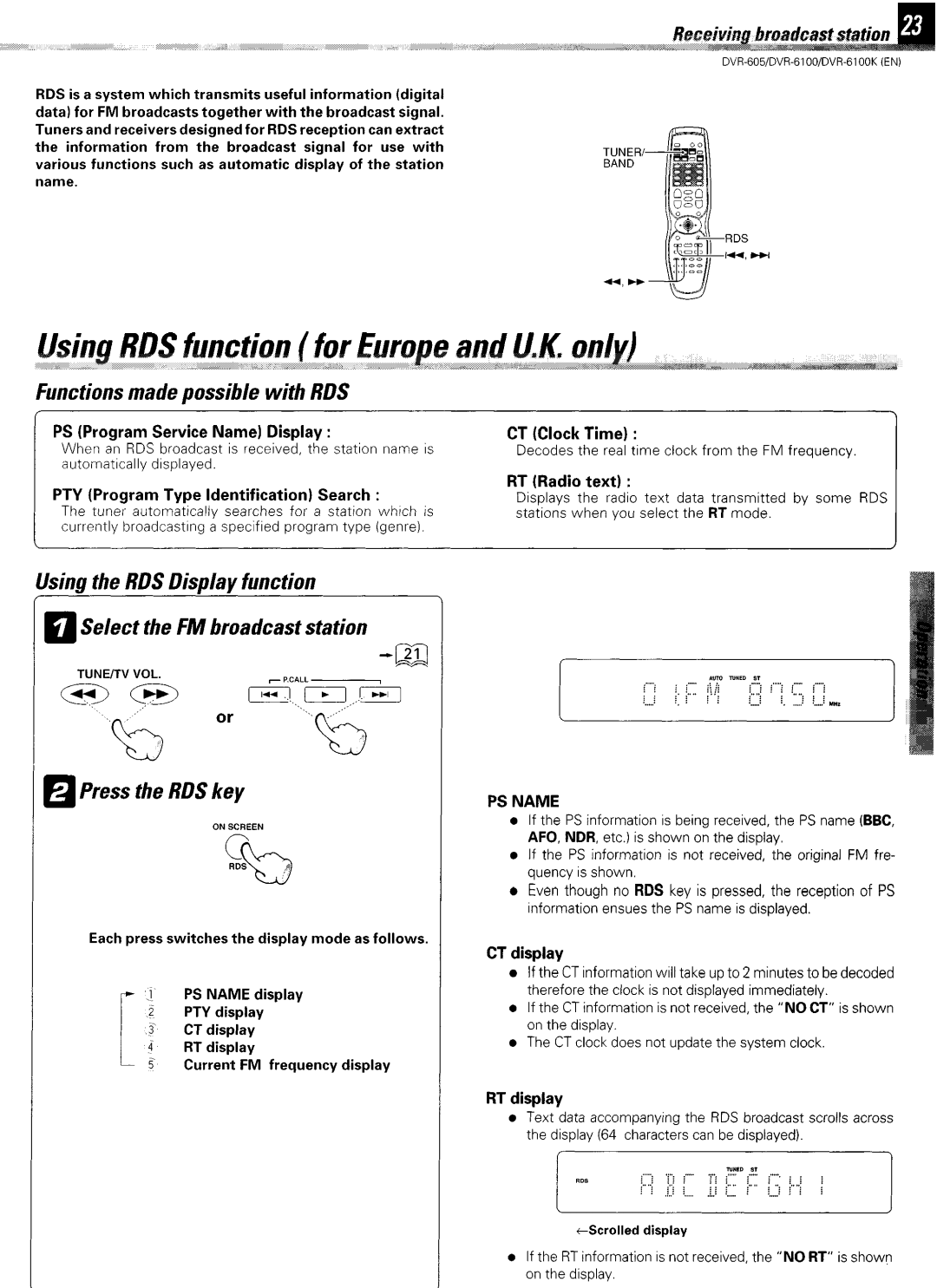 Kenwood DVR-6100K instruction manual Functions made possible with RDS 