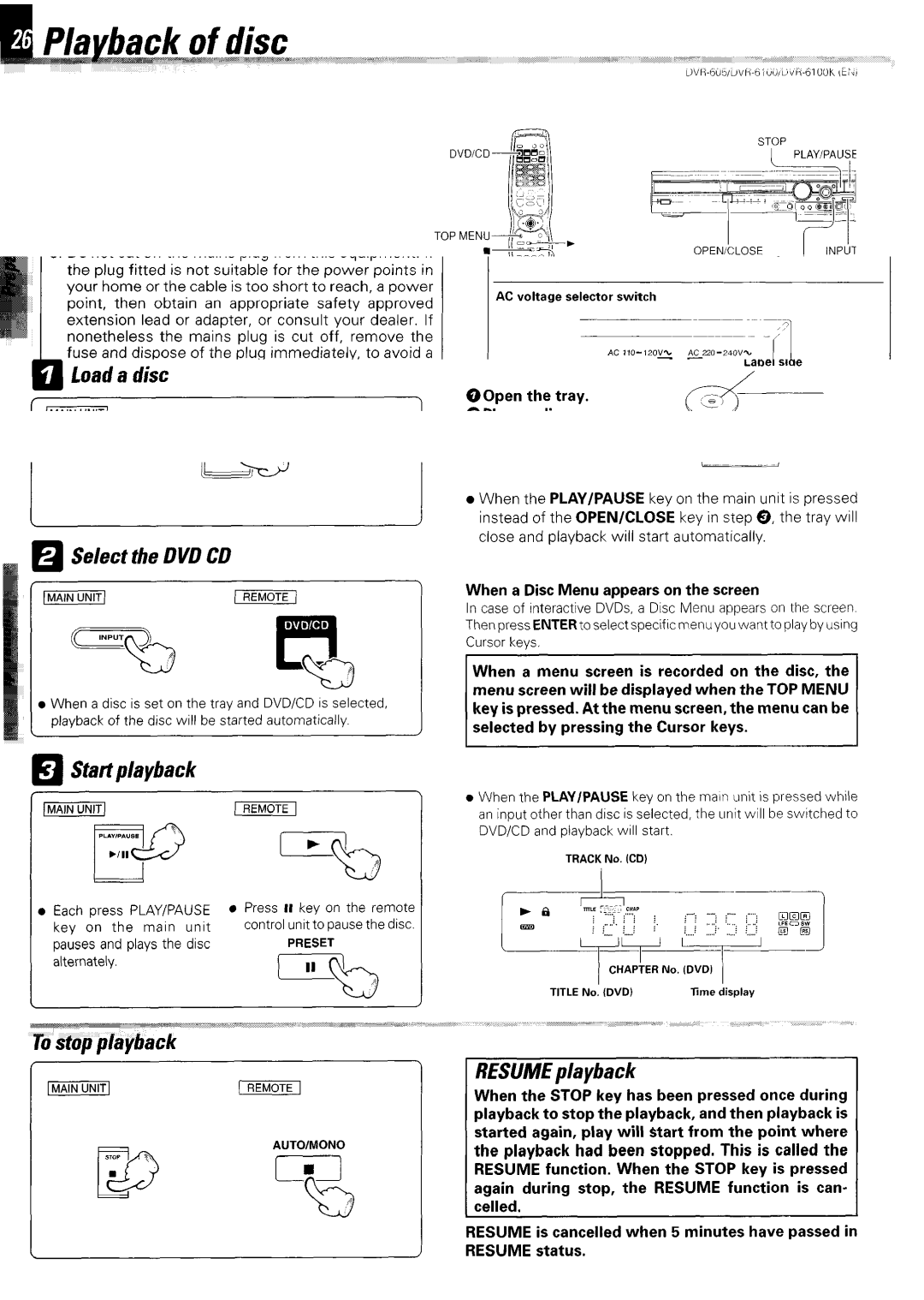 Kenwood DVR-6100K instruction manual Select the DVD CD, Start playback, Tostop playback, 1RESUMEplayback1 