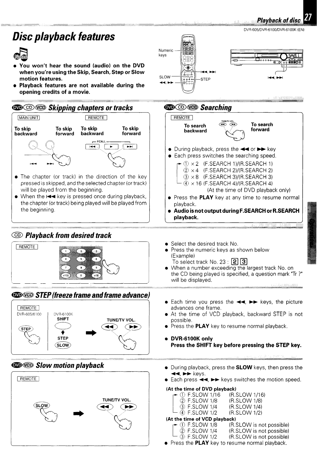 Kenwood DVR-6100K instruction manual Searching TNEnYYOL, @%B Slow motion playback, @ F.SLOW l/2 