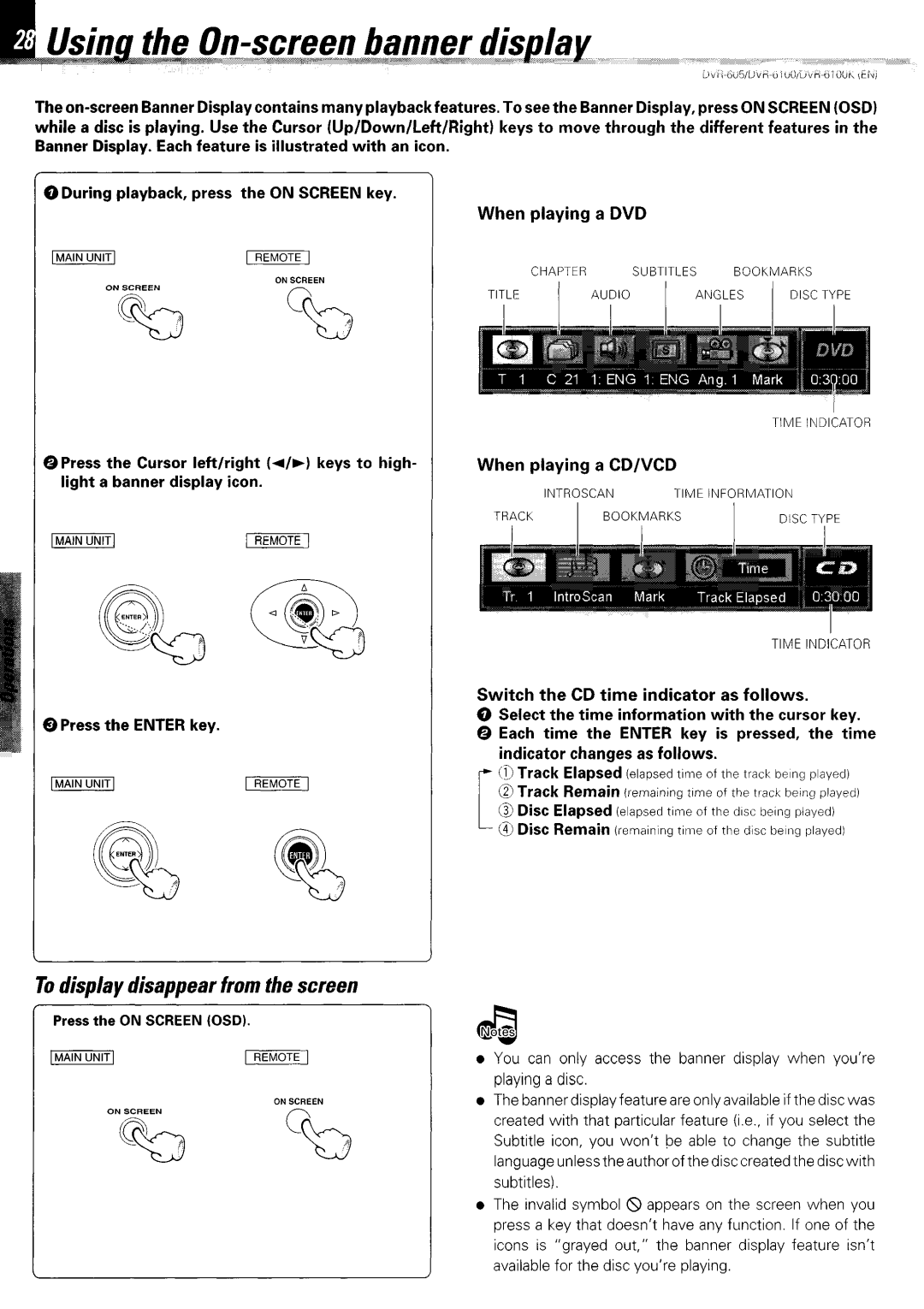 Kenwood DVR-6100K instruction manual Todisplay disappear from the screen, Main 