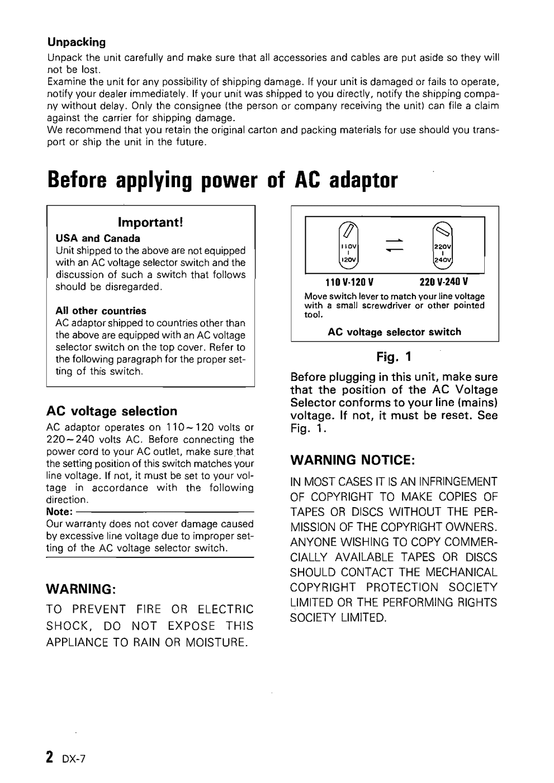 Kenwood DX-7 instruction manual Before applying power of AC adaptor, Unpacking 