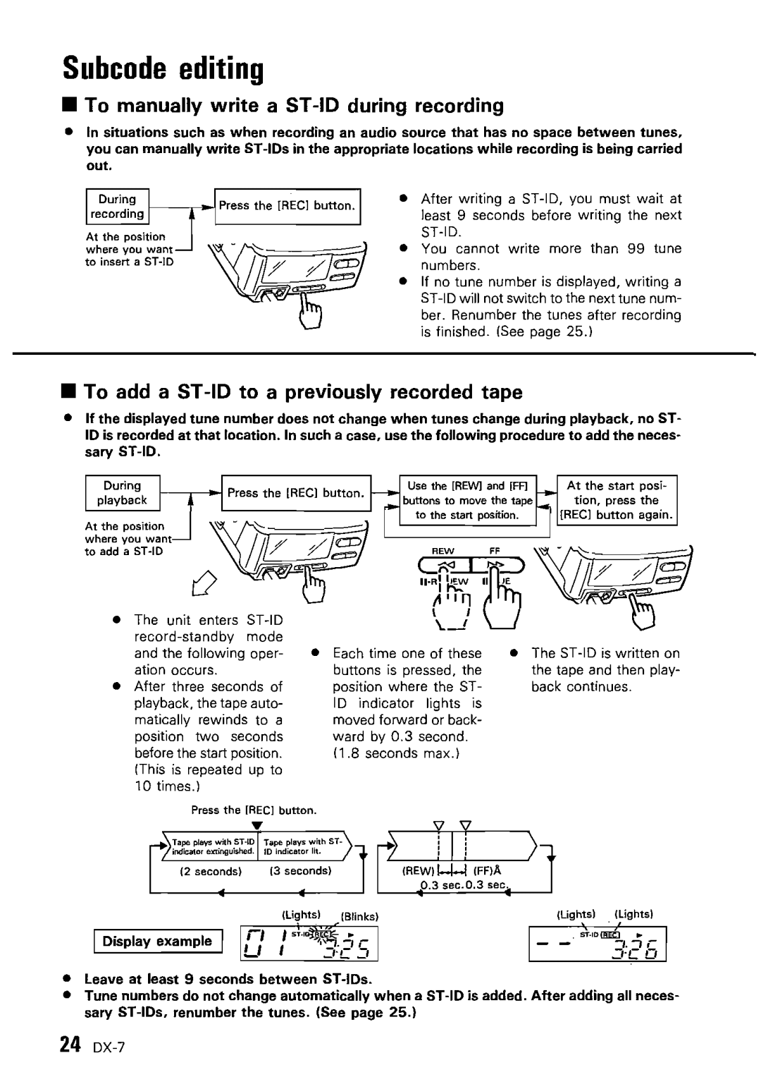 Kenwood DX-7 To manually write a ST-ID during recording, To add a ST-ID to a previously recorded tape, Display example 