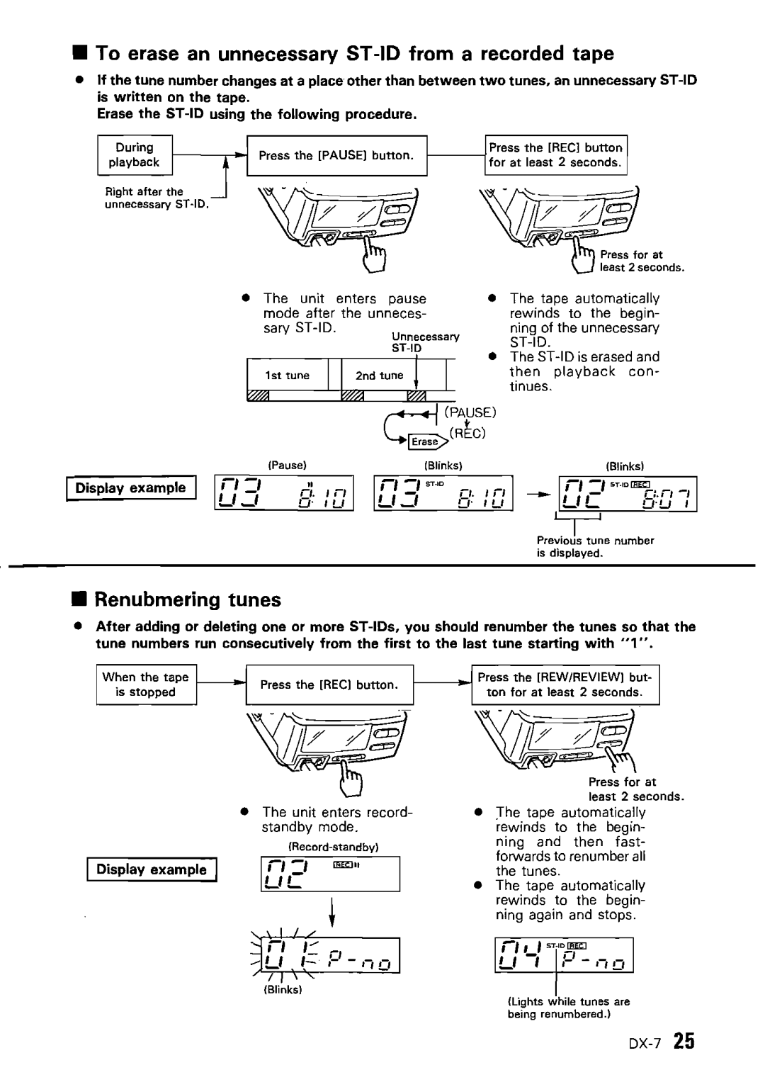 Kenwood DX-7 instruction manual To erase an unnecessary ST-ID from a recorded tape, Renubmering tunes 