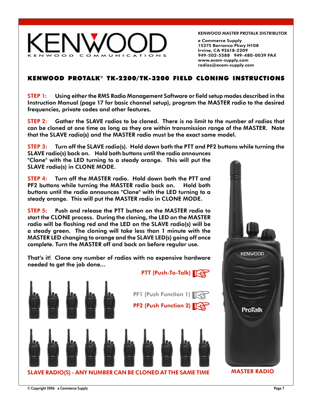 Kenwood EQ016R manual Kenwood Protalk TK-2200/TK-3200 Field Cloning Instructions 