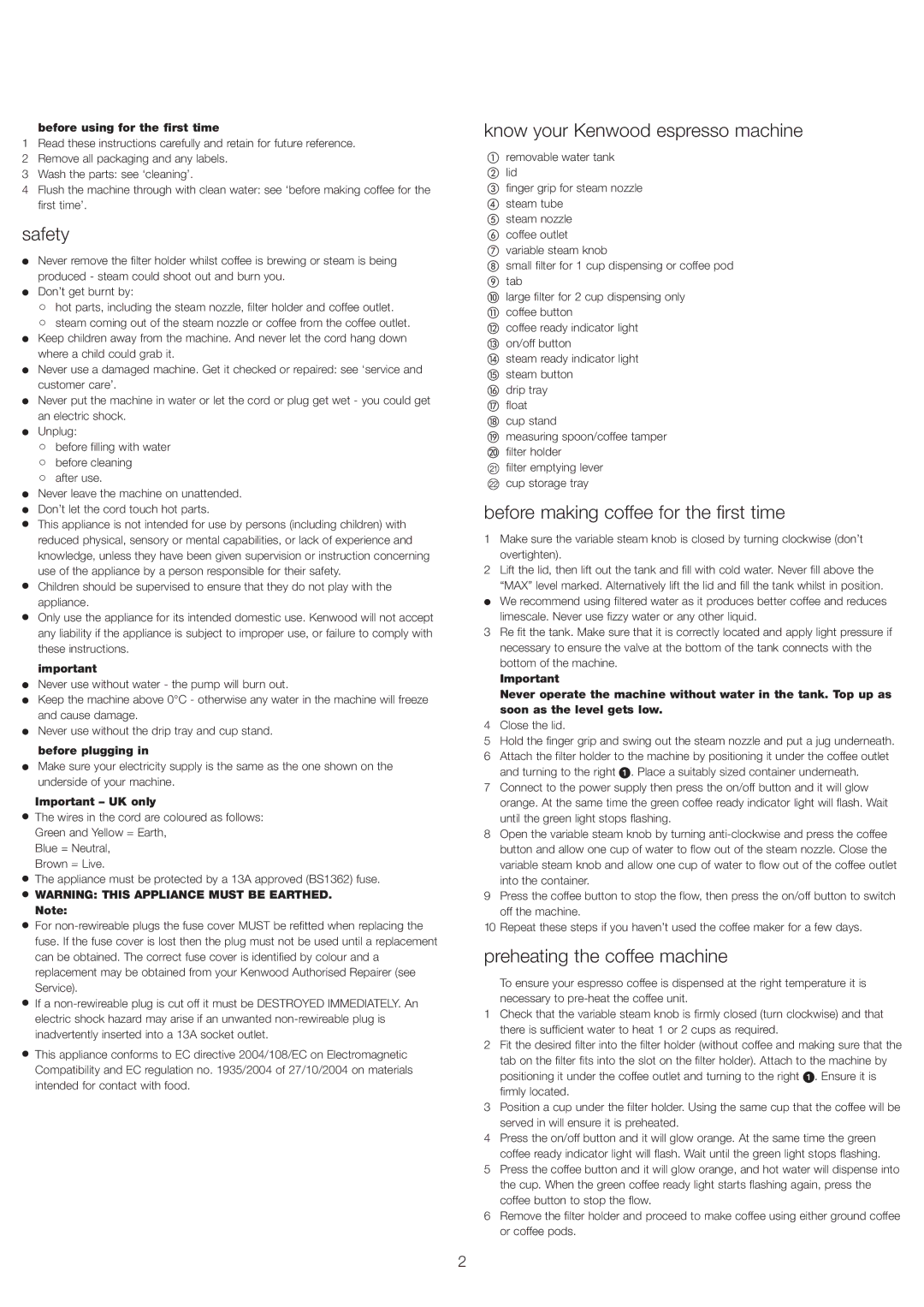 Kenwood ES020 manual Safety, Know your Kenwood espresso machine, Before making coffee for the first time 