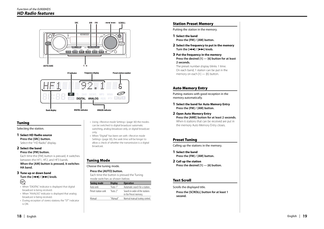 Kenwood EZ900HDS, Ez700SR instruction manual HD Radio features, Text Scroll, Scrolls the displayed title 