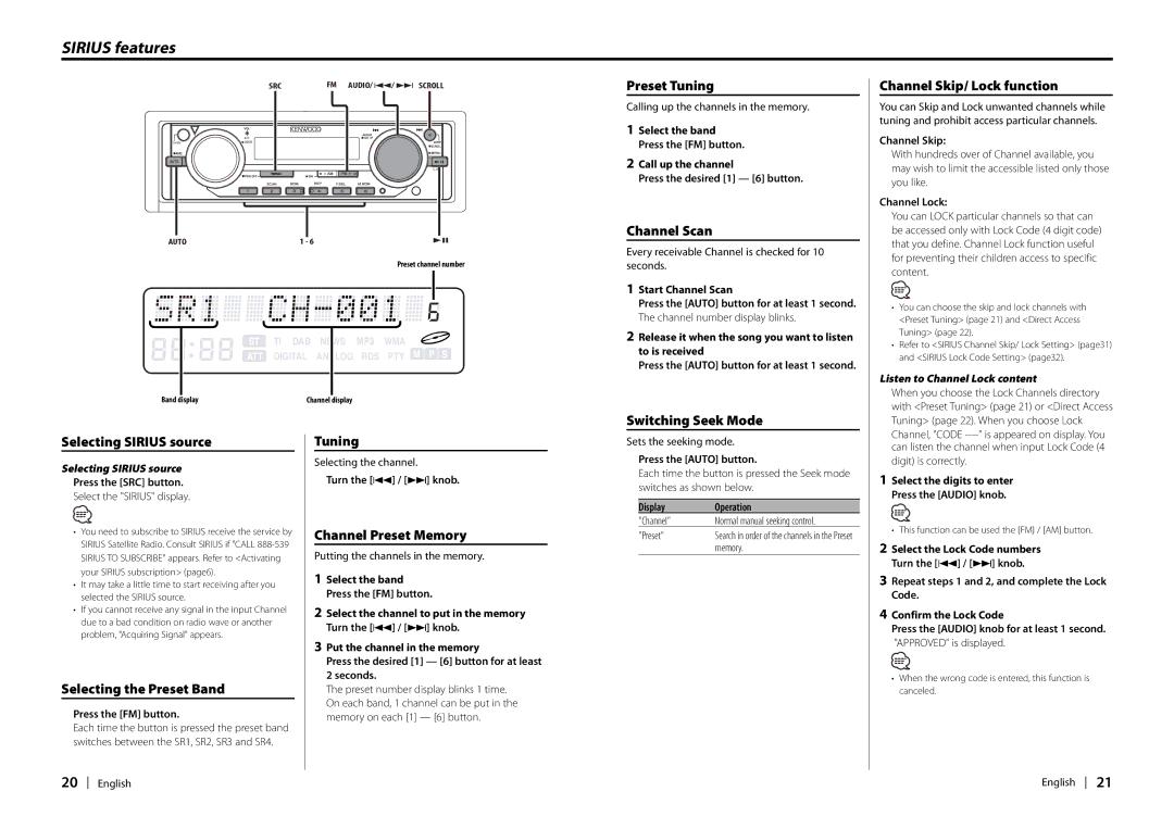 Kenwood Ez700SR, EZ900HDS instruction manual Sirius features 