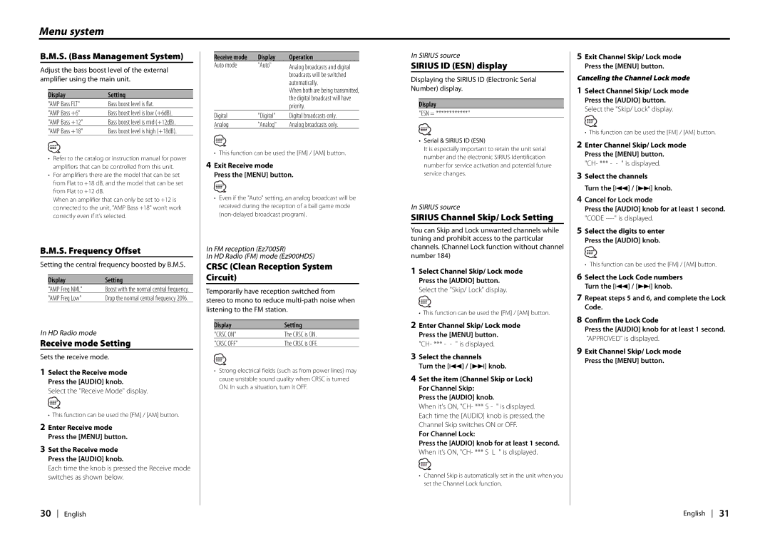 Kenwood EZ900HDS S. Bass Management System, S. Frequency Offset, Receive mode Setting, Crsc Clean Reception System Circuit 