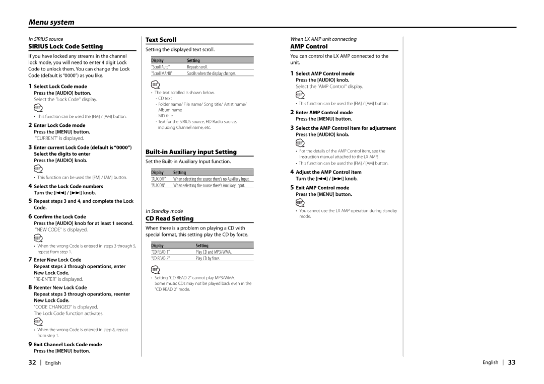 Kenwood Ez700SR, EZ900HDS Sirius Lock Code Setting, Built-in Auxiliary input Setting, CD Read Setting, AMP Control 