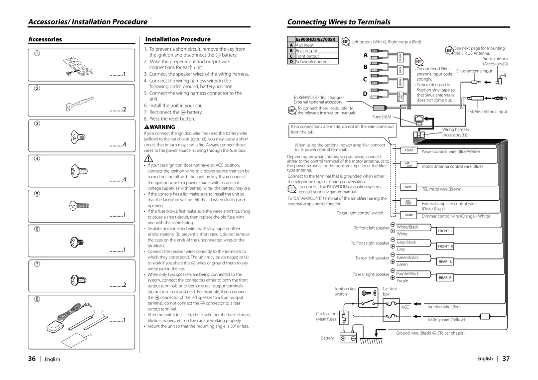 Kenwood EZ900HDS instruction manual Accessories Installation Procedure, English, Ez900HDS/Ez700SR, Battery + 