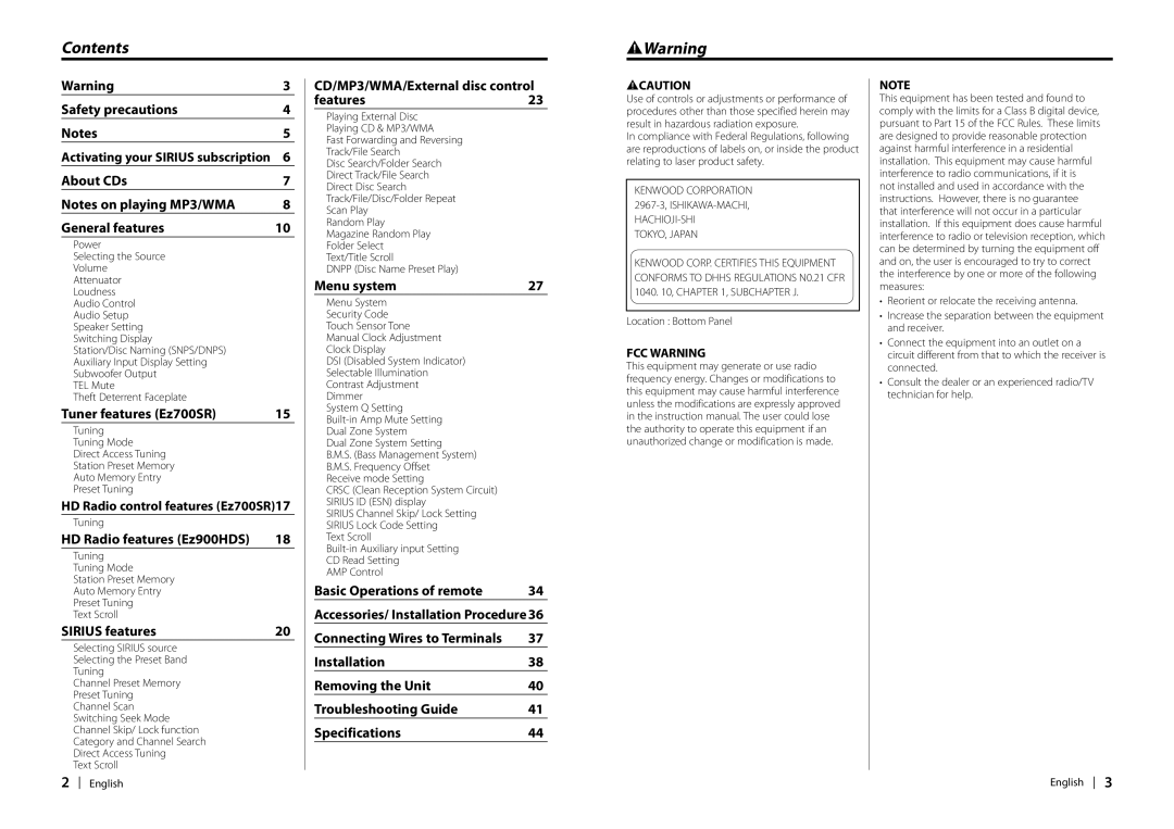 Kenwood EZ900HDS, Ez700SR instruction manual Contents 2Warning 