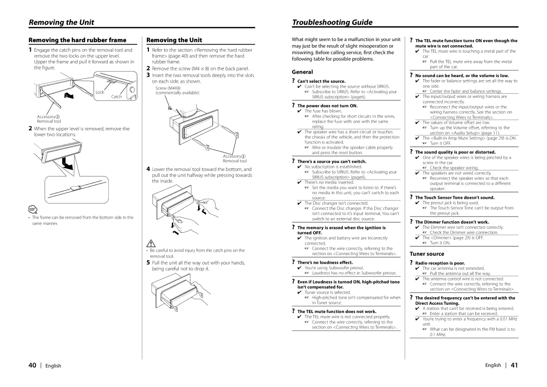 Kenwood Ez700SR, EZ900HDS Removing the Unit Troubleshooting Guide, Removing the hard rubber frame, General, Tuner source 