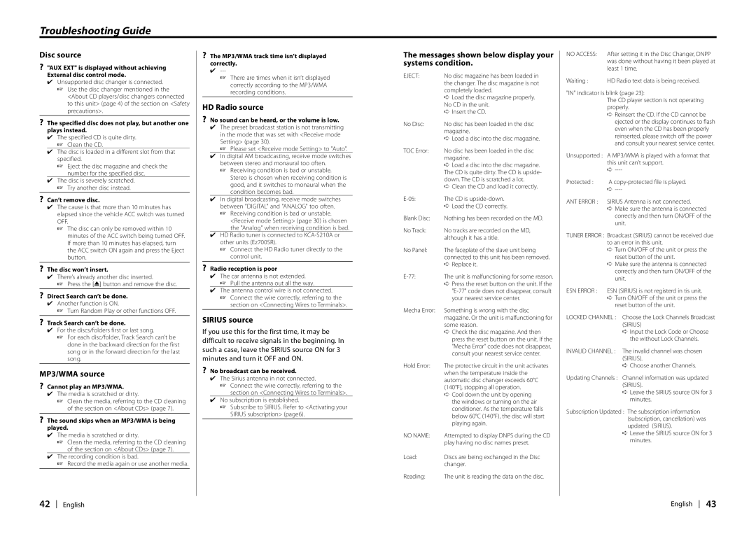 Kenwood EZ900HDS, Ez700SR instruction manual Disc source, MP3/WMA source, HD Radio source, Sirius source 