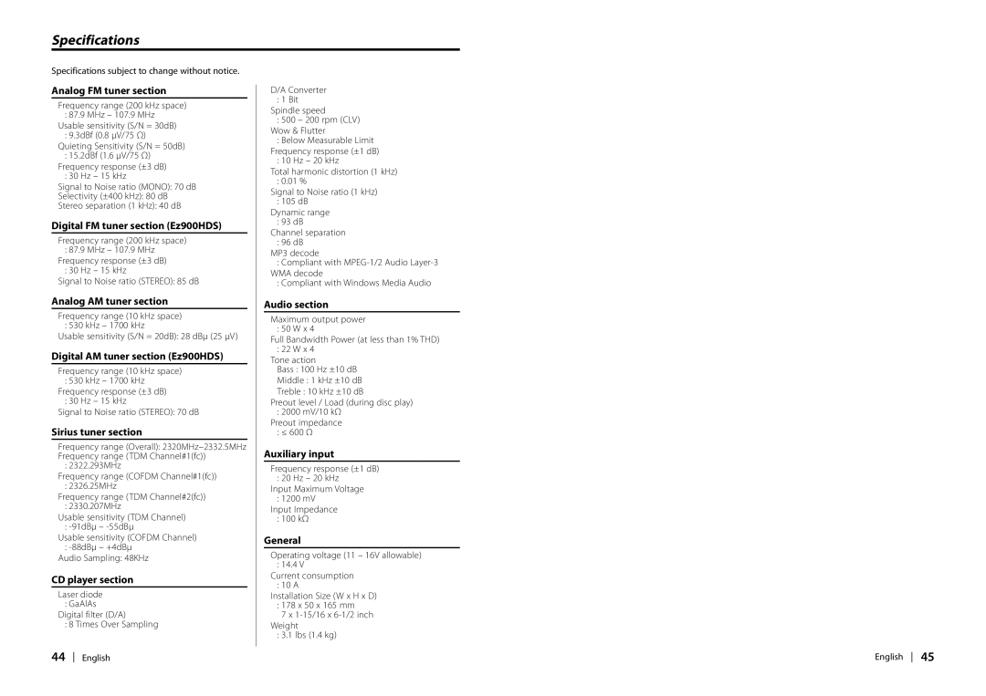 Kenwood Ez700SR, EZ900HDS instruction manual Specifications 